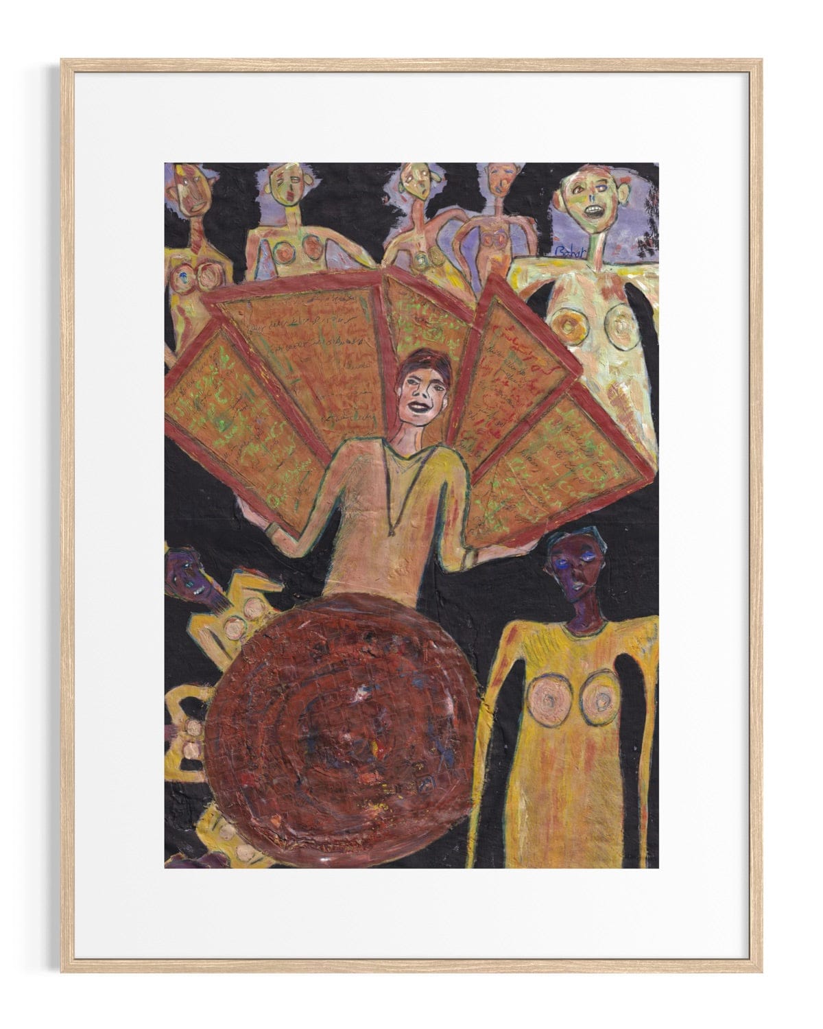 Framed artwork of a person holding a large red object with other figures in the background.