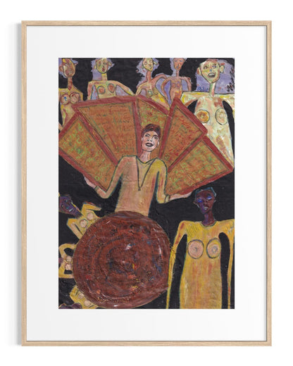 Framed artwork of a person holding a large red object with other figures in the background.