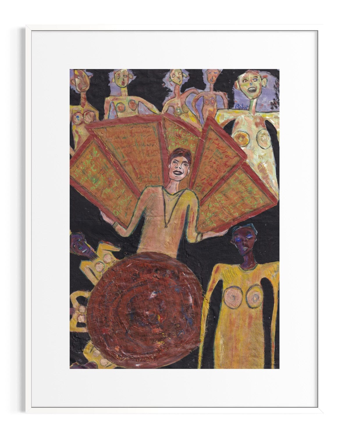 Artistic depiction of a central figure holding large red wings with a dark background