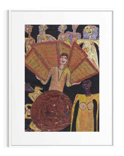 Artistic depiction of a central figure holding large red wings with a dark background