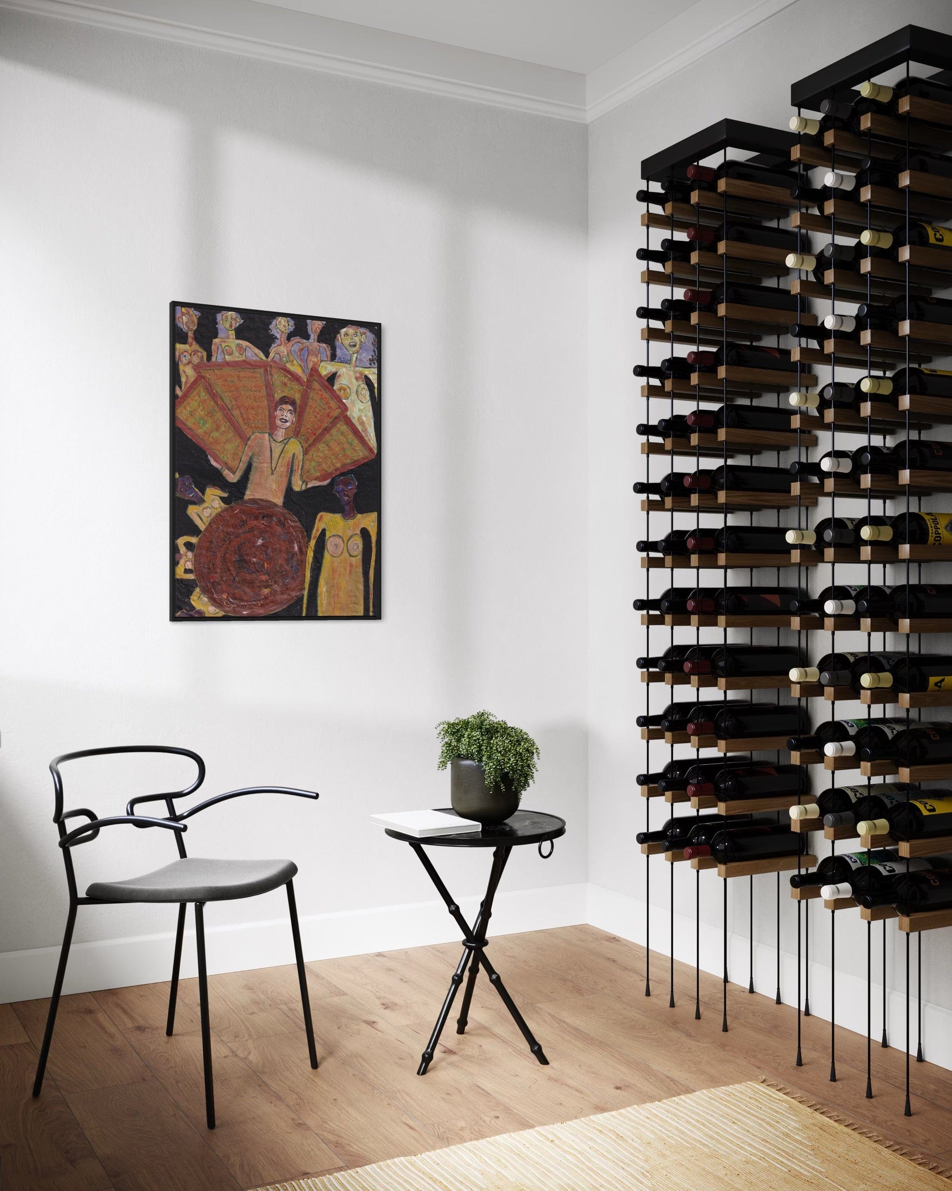 Modern interior with wine rack, chair, and small table.