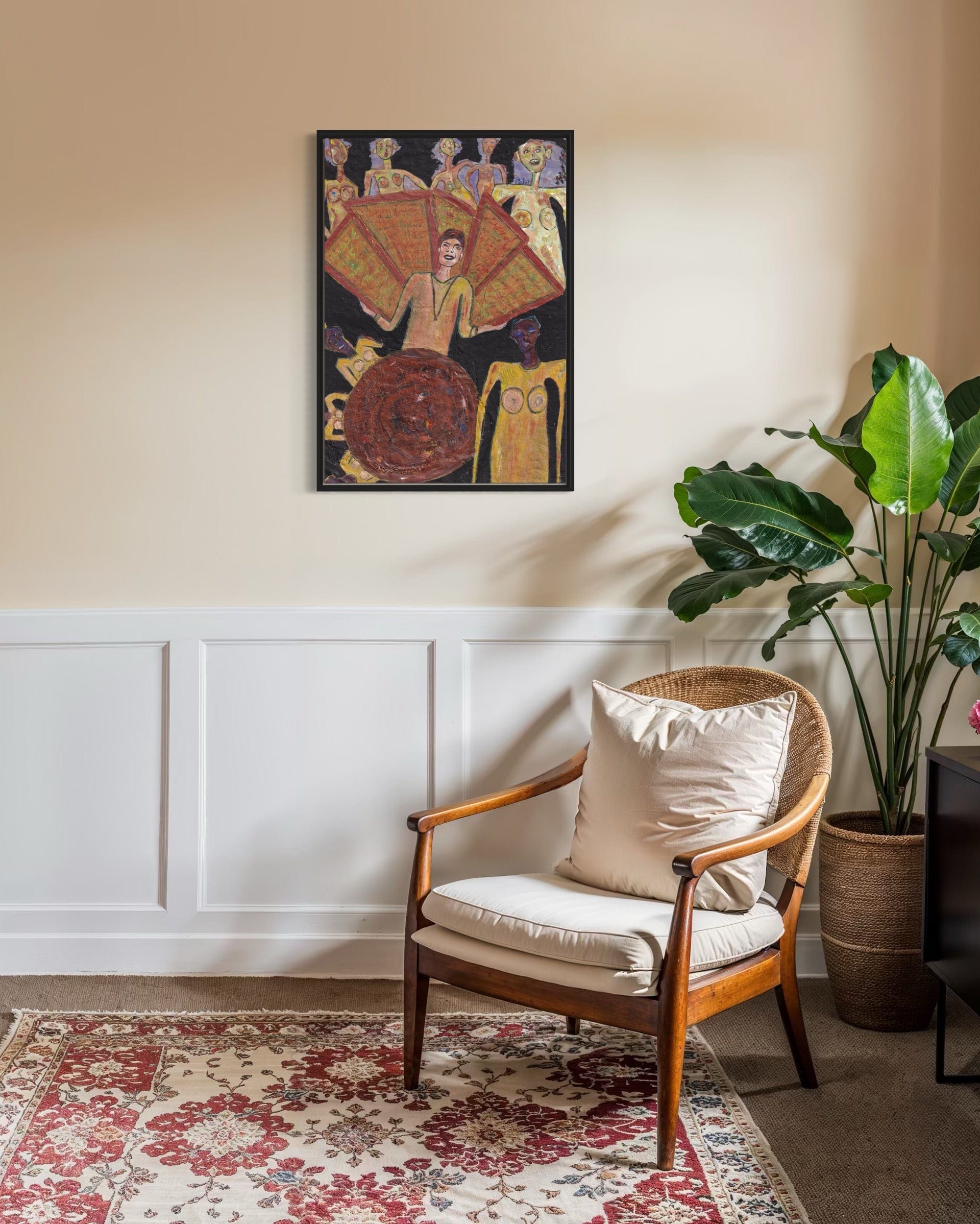 Wooden armchair with a cushion and a plant in a room with a decorative rug and wall art.