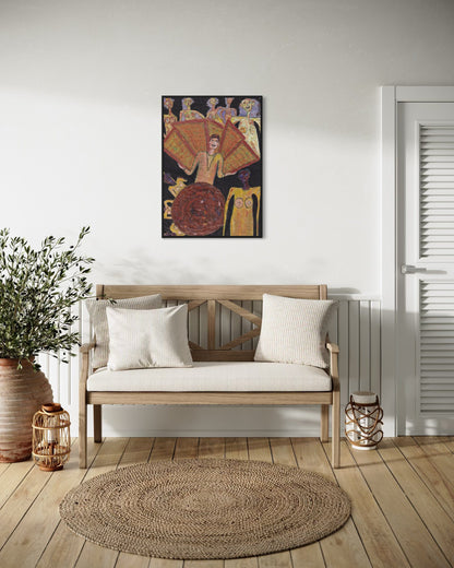 Wooden bench with white cushions in a room with a painting above it, plants on either side, and a rug on the floor.