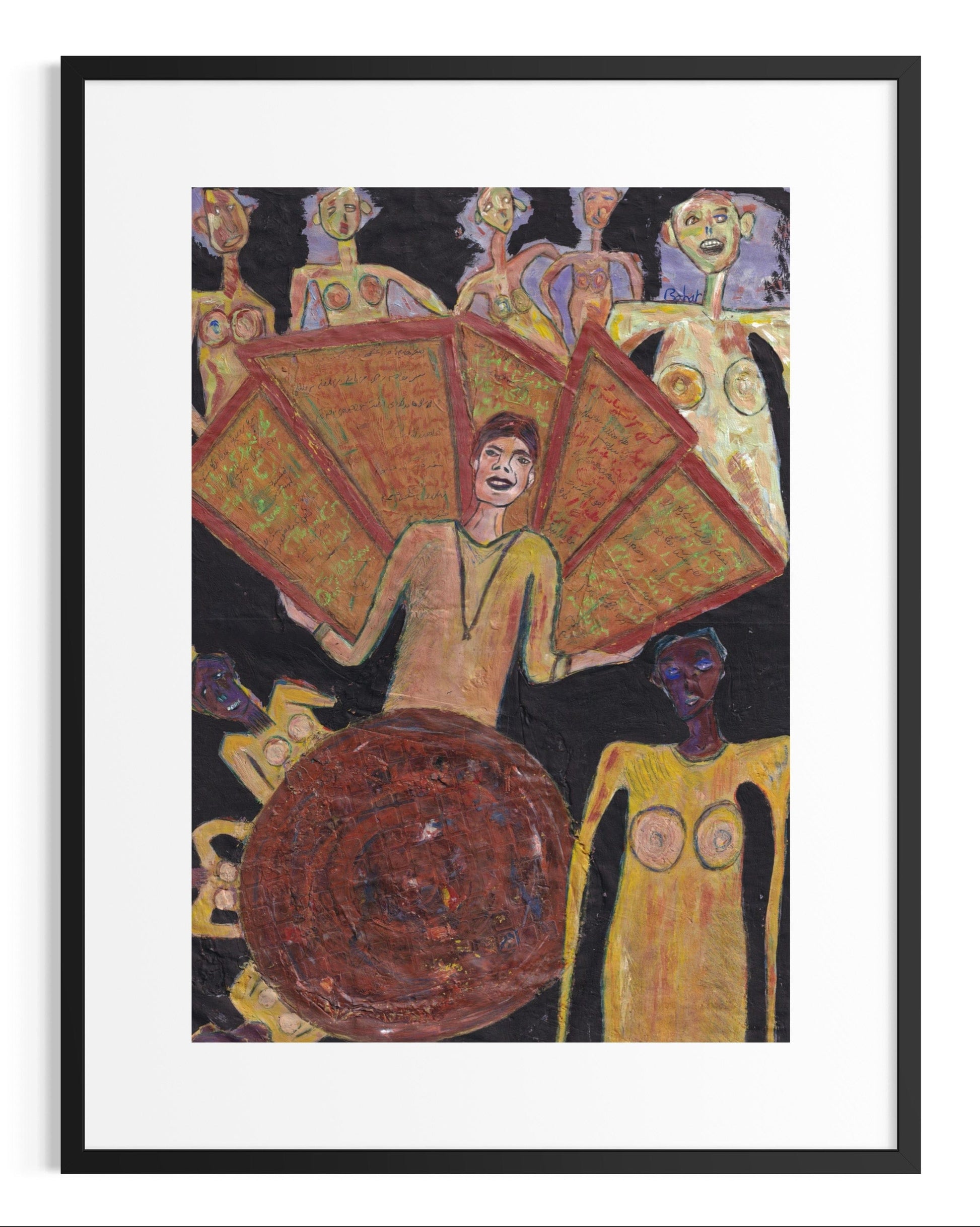 Framed artwork of a person holding a large fan with abstract figures in the background.