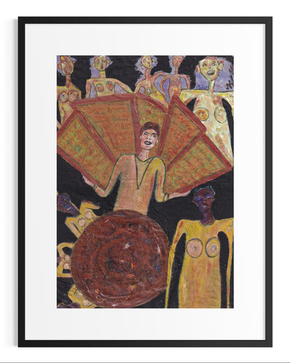 Framed artwork of a person holding a large fan with abstract figures in the background.