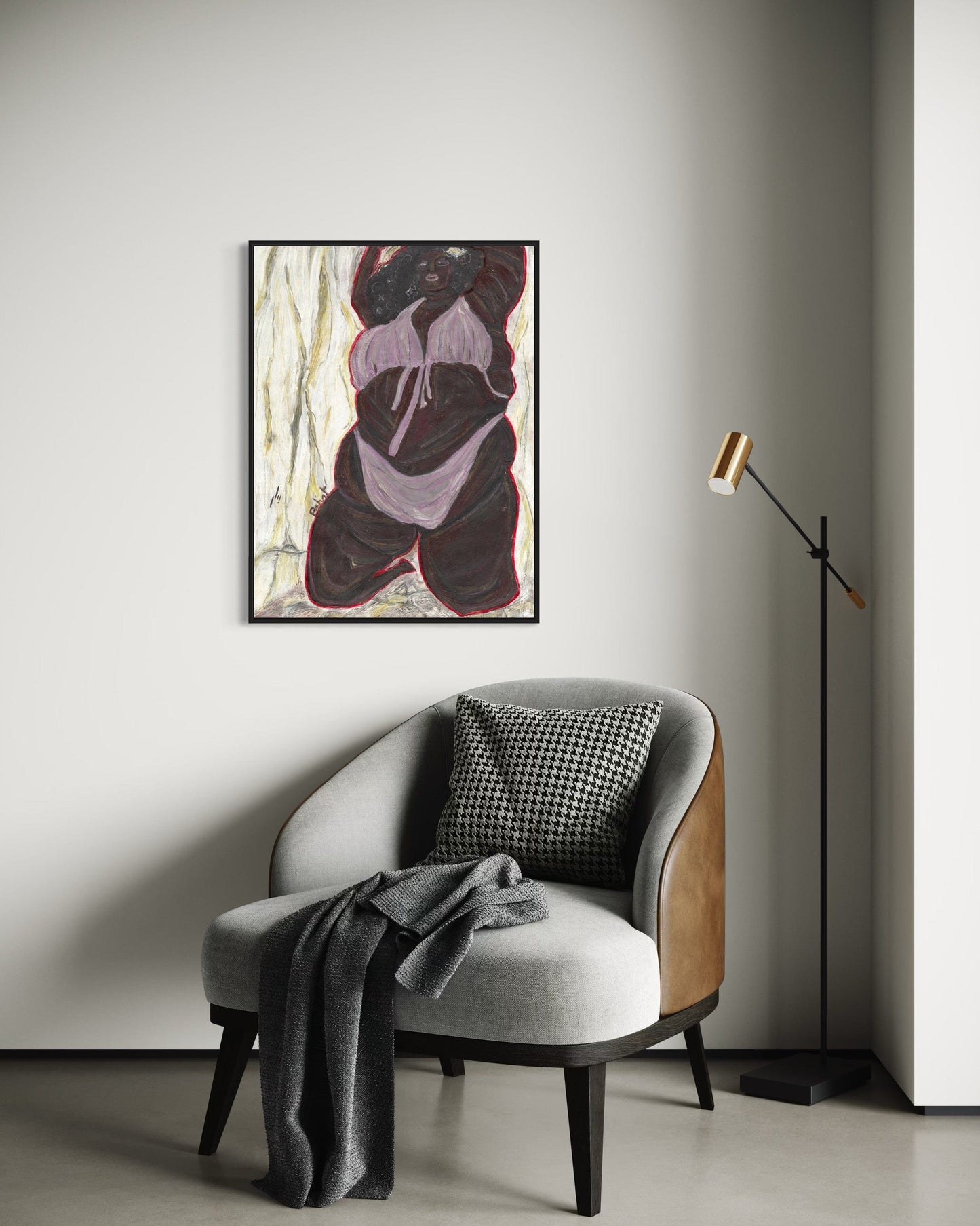 Modern interior with a gray armchair, abstract painting, and standing lamp.