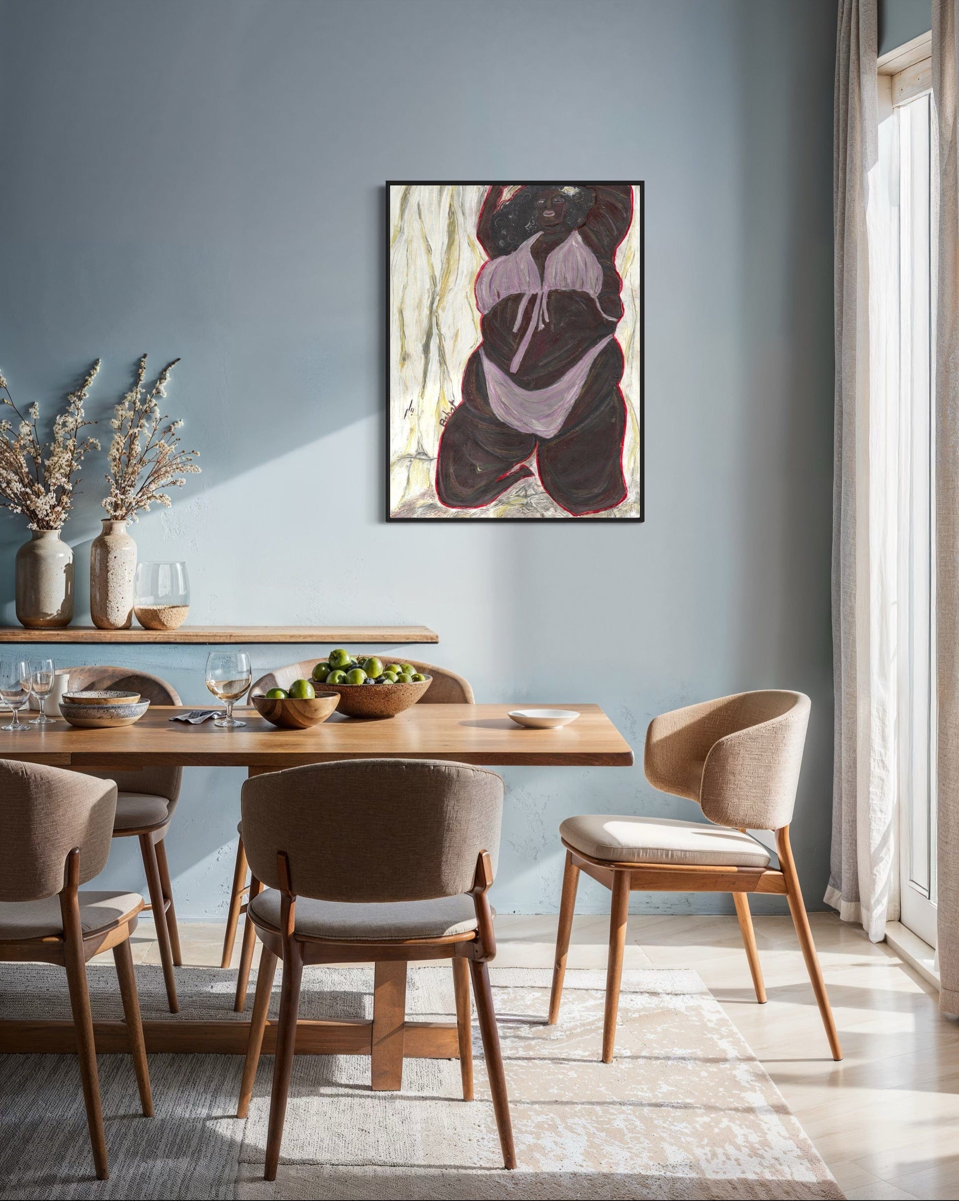 Dining room with wooden table and chairs, abstract painting on wall, and natural light.