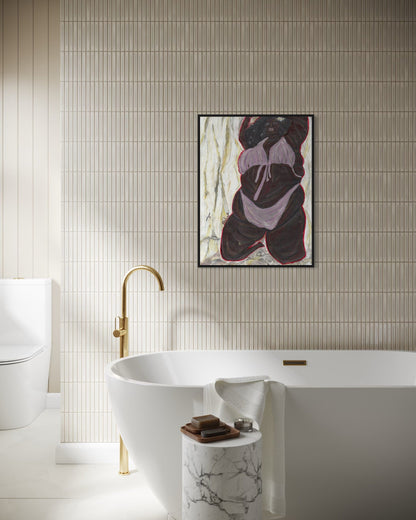 Modern bathroom with freestanding bathtub, gold faucet, and abstract art on the wall.
