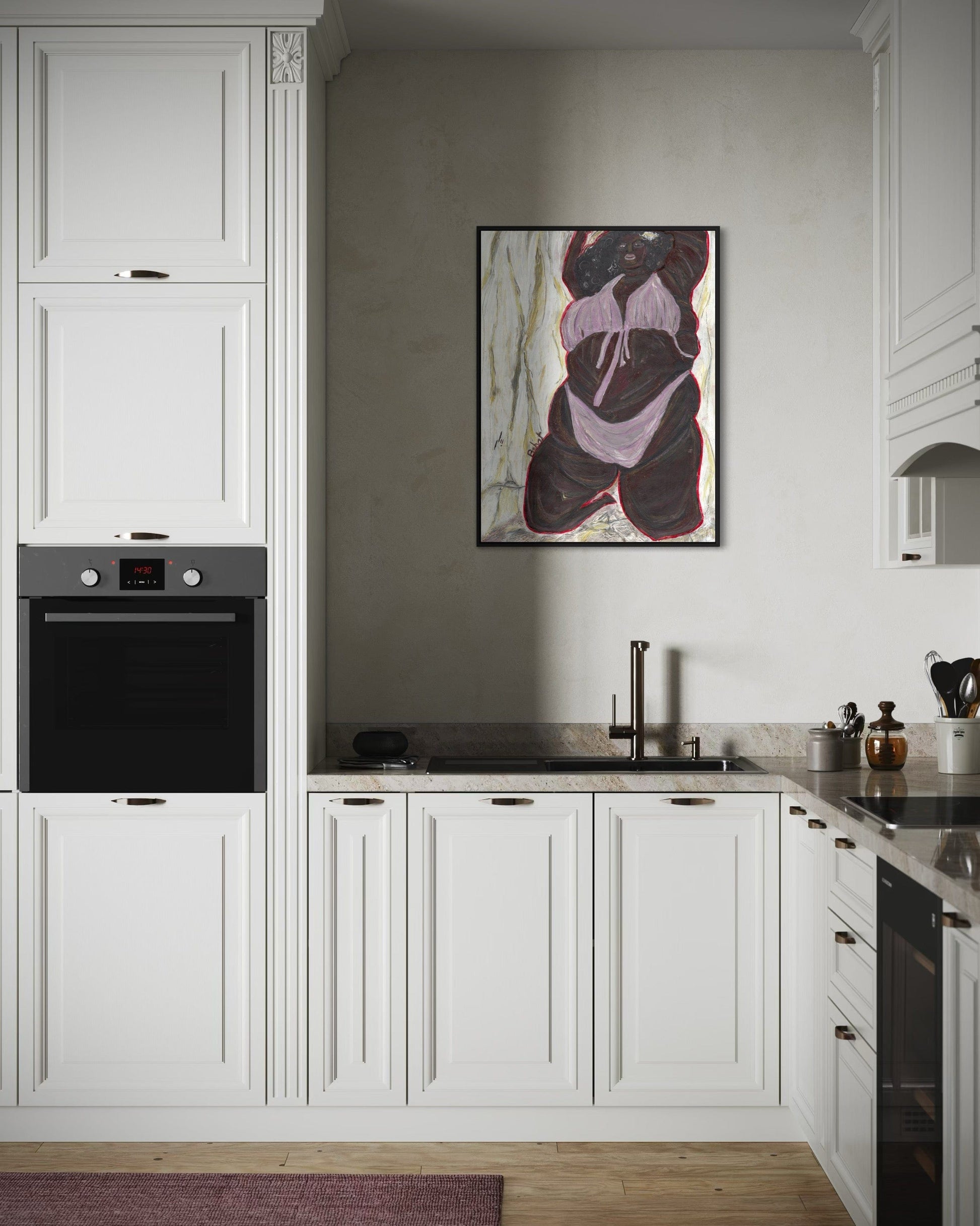 Modern kitchen with white cabinets, black appliances, and a abstract painting on the wall.