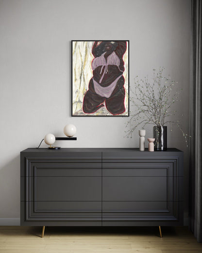 Modern interior with a black dresser, abstract painting, and decorative items.