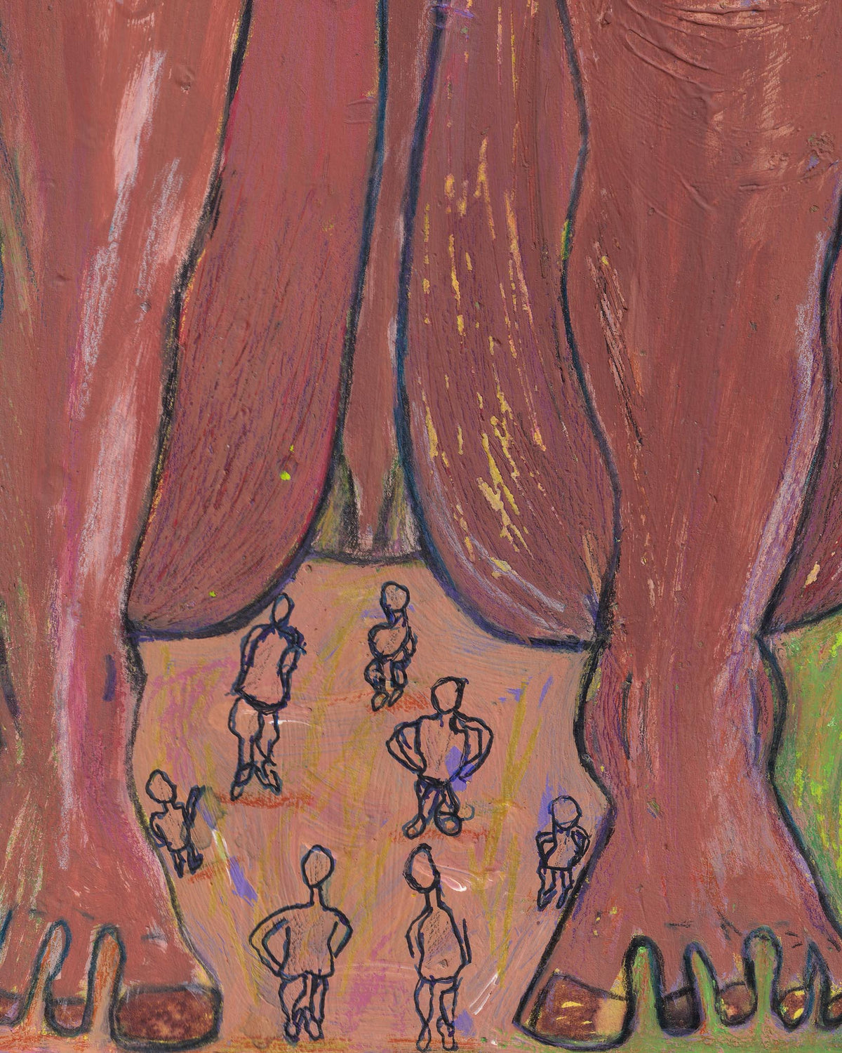 Abstract artwork with human figures and a large central figure.