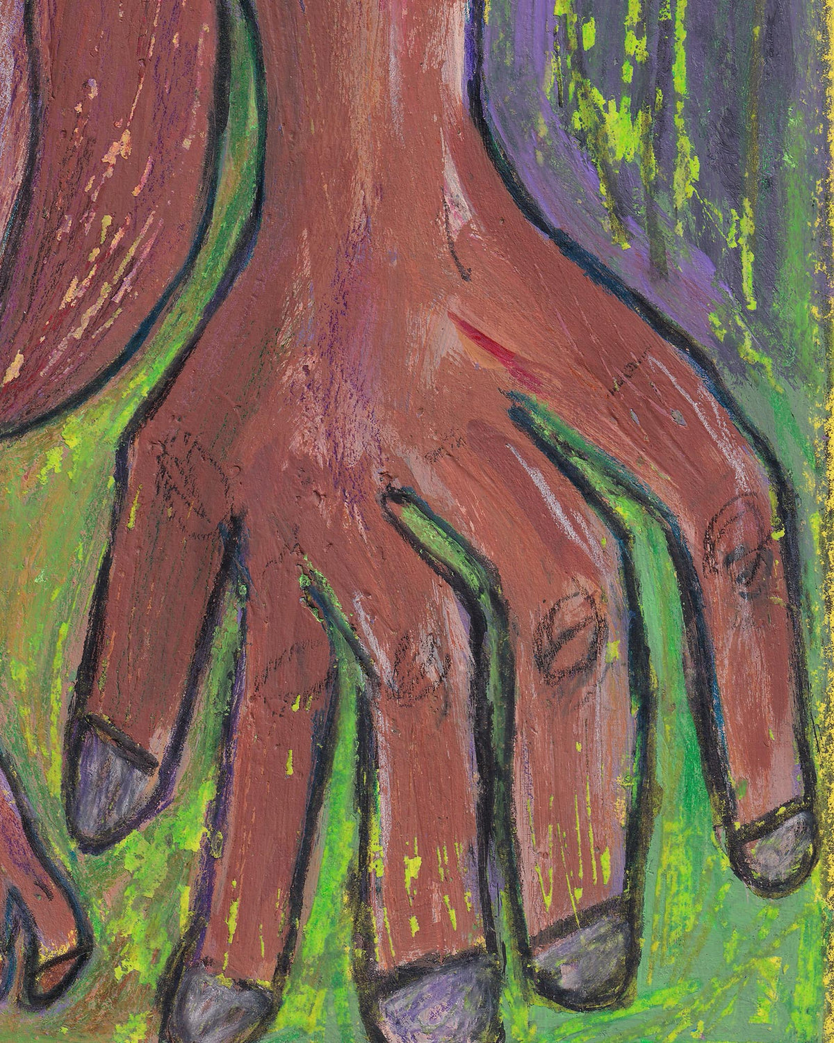 Abstract painting of a brown hand on a green background