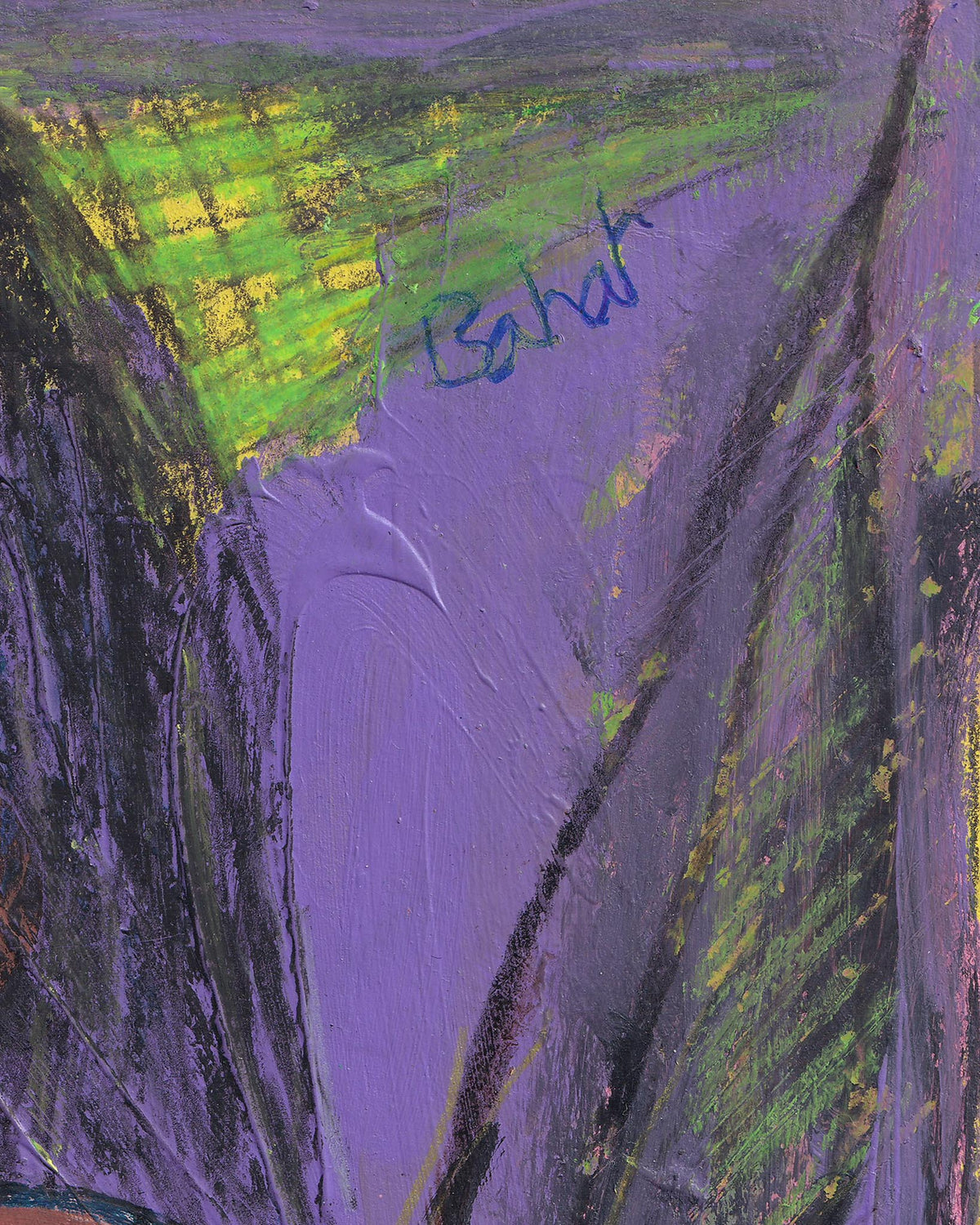 Abstract painting with purple, green, and black colors