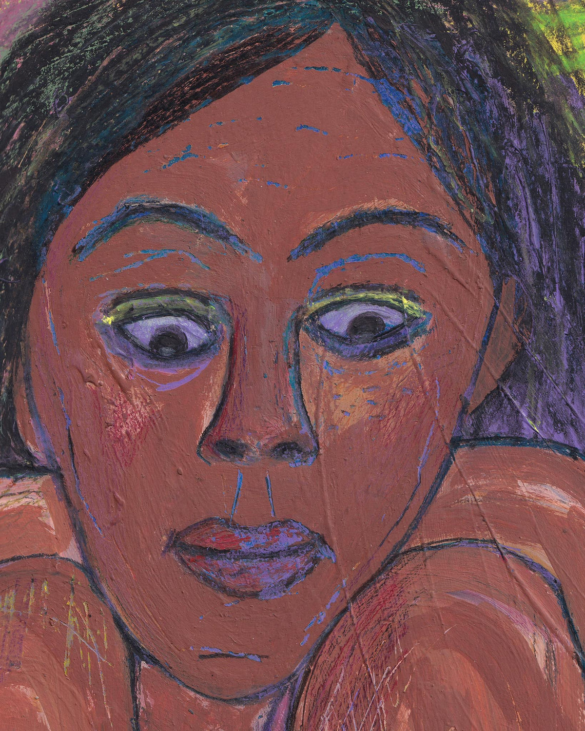 Artistic depiction of a face with stylized features and vibrant colors.