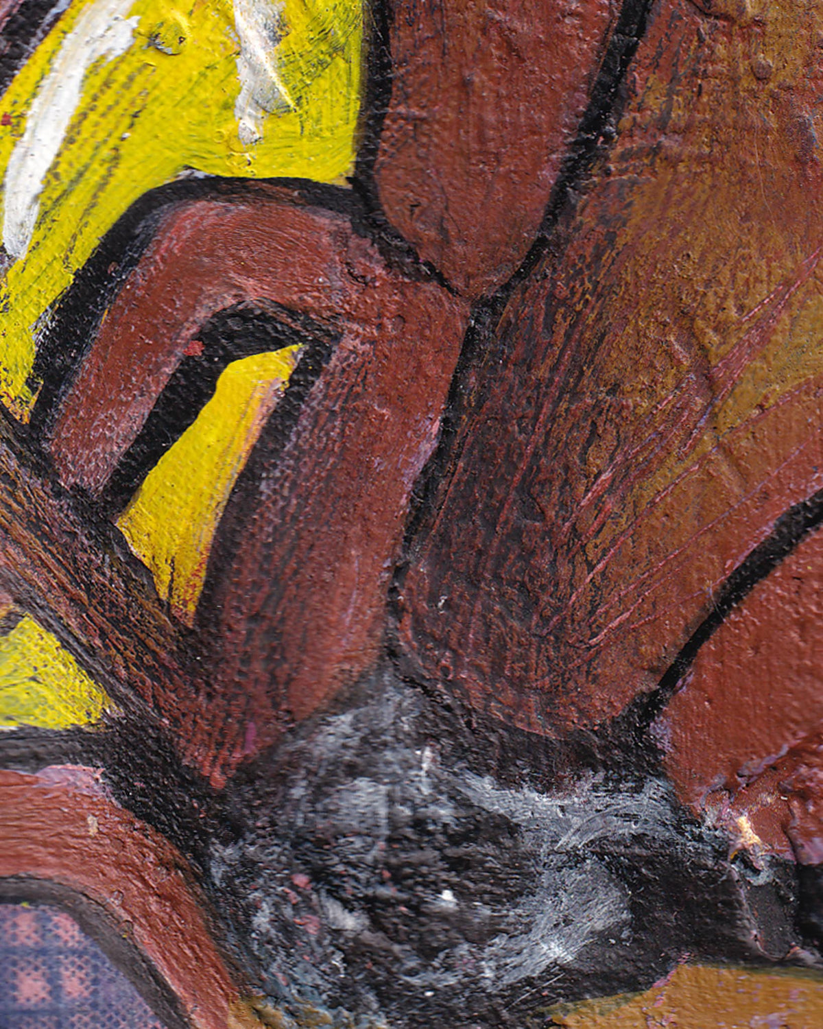 Close-up of a textured painting with brown, yellow, and black colors.