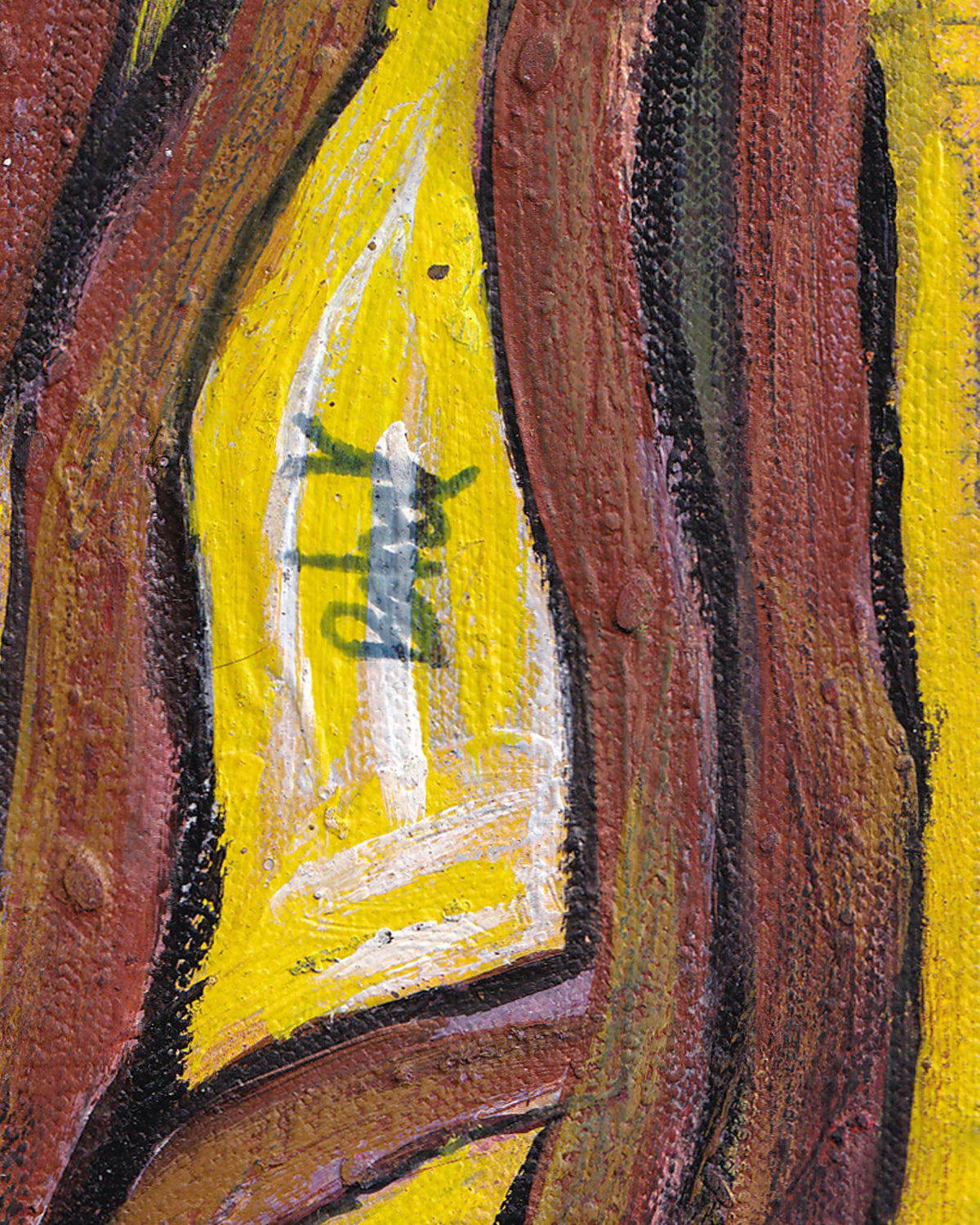 Abstract painting with yellow center and brown and black edges