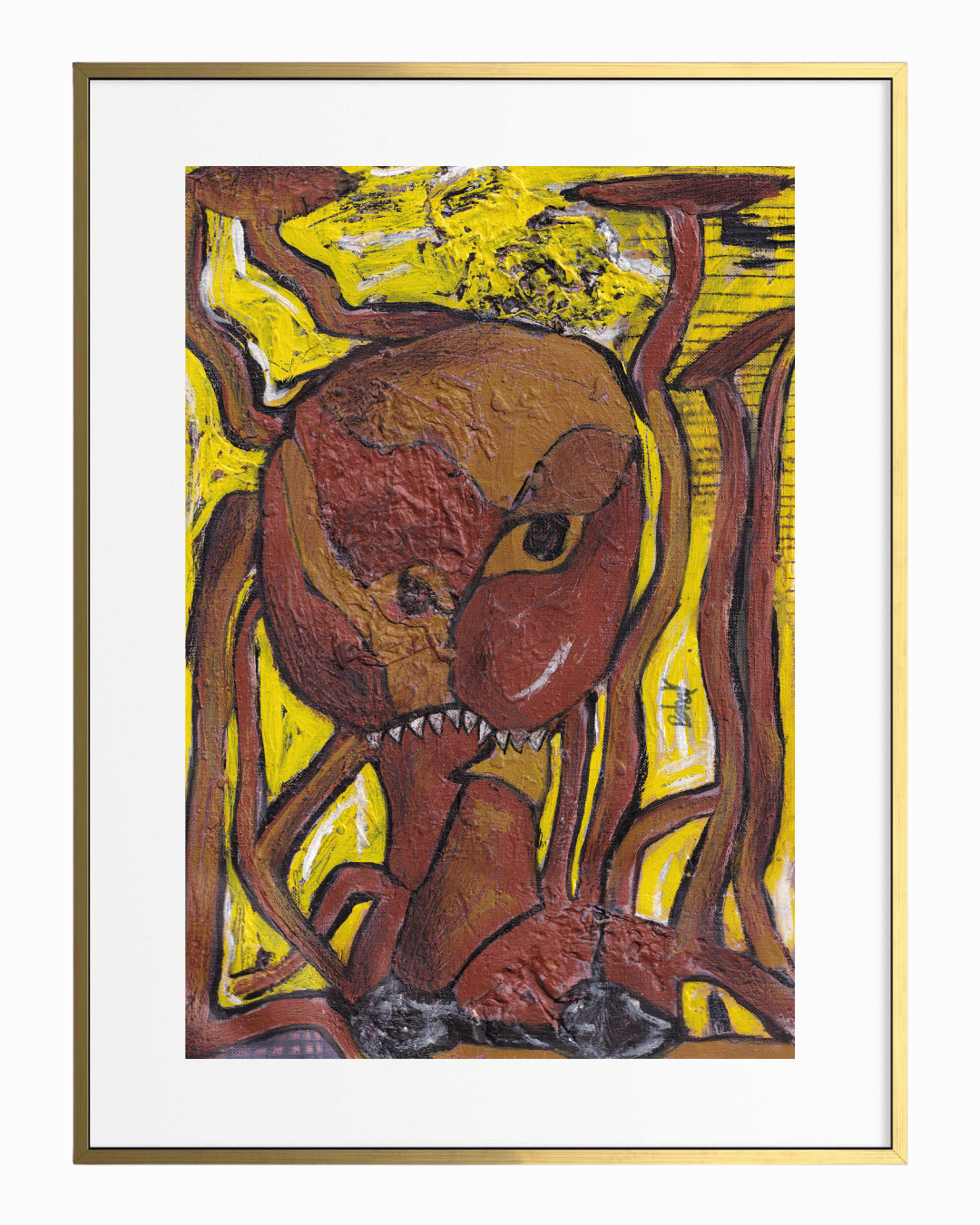 Abstract artwork of a creature with a yellow background