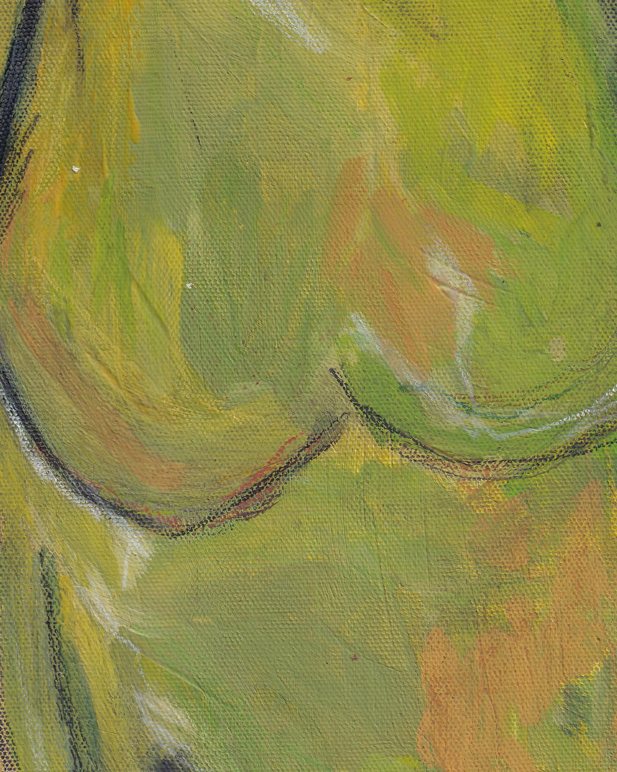 Abstract painting with green, yellow, and brown colors on a textured surface.