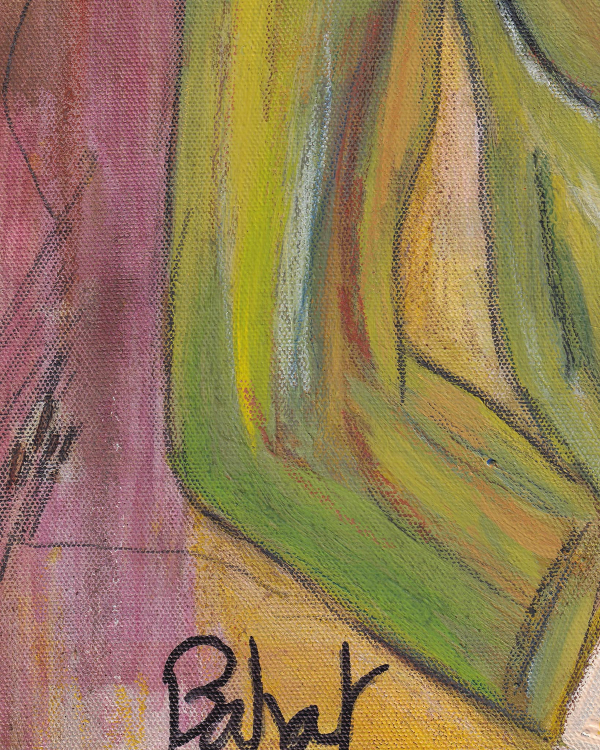 Abstract art with colorful brush strokes and a signature in the corner.