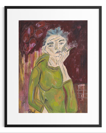 Framed artwork of a person in a green dress with a dark background
