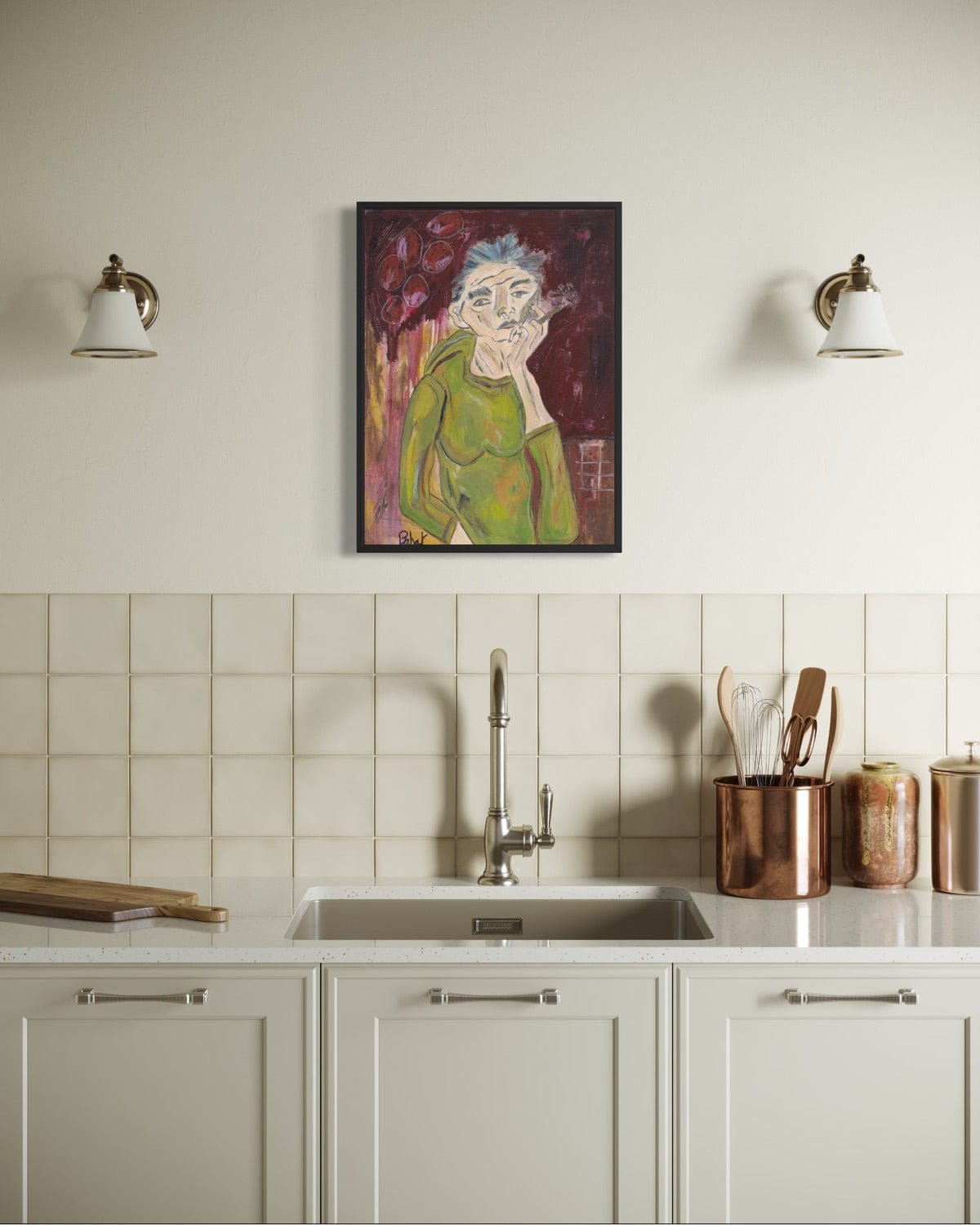 Kitchen interior with a painting above the sink