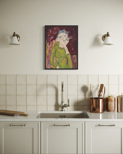 Kitchen interior with a painting above the sink