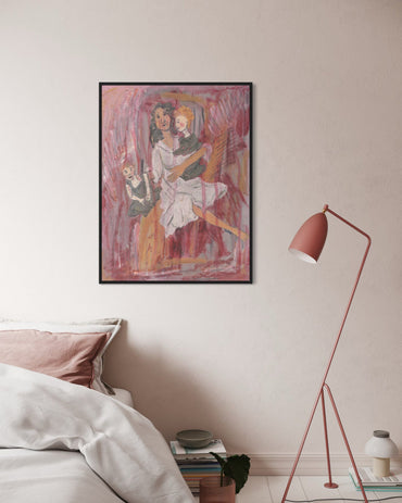Framed artwork on a wall above a bed with a modern lamp.