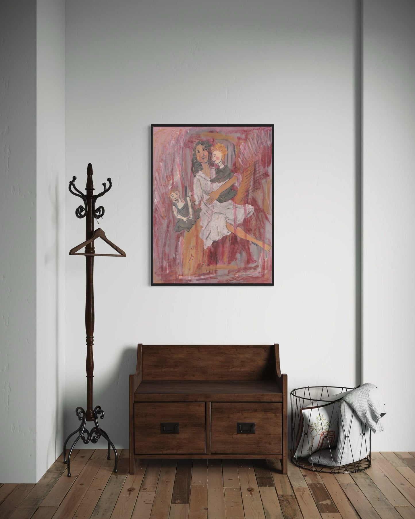 Wooden bench, coat rack, and framed artwork on a wall in a room.