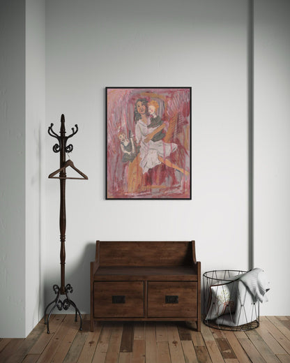 Wooden bench, coat rack, and framed artwork on a wall in a room.