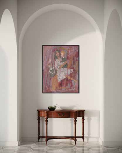 Framed artwork on a wall above a wooden console table in a room with arched doorways.