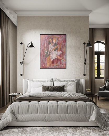 Modern bedroom with a bed, wall art, and side lamps.