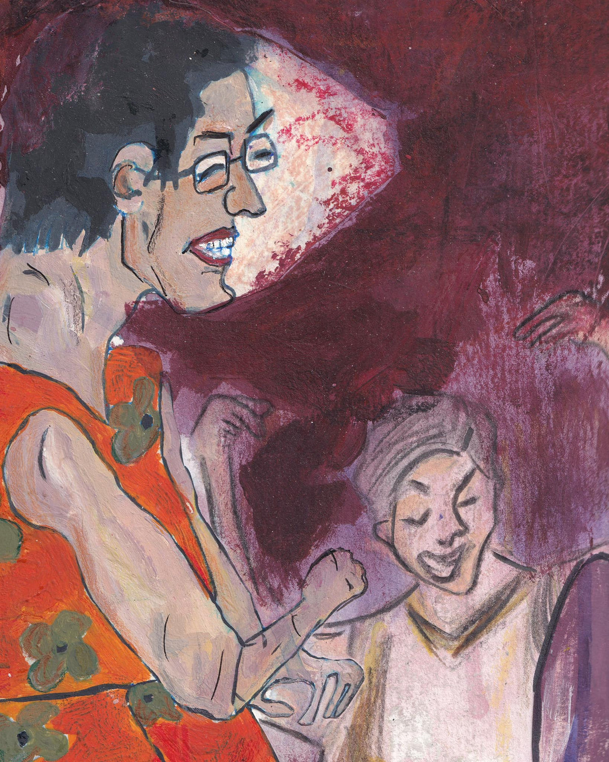 Artistic depiction of a person being carried on shoulders with another person in the foreground, set against a dark background.