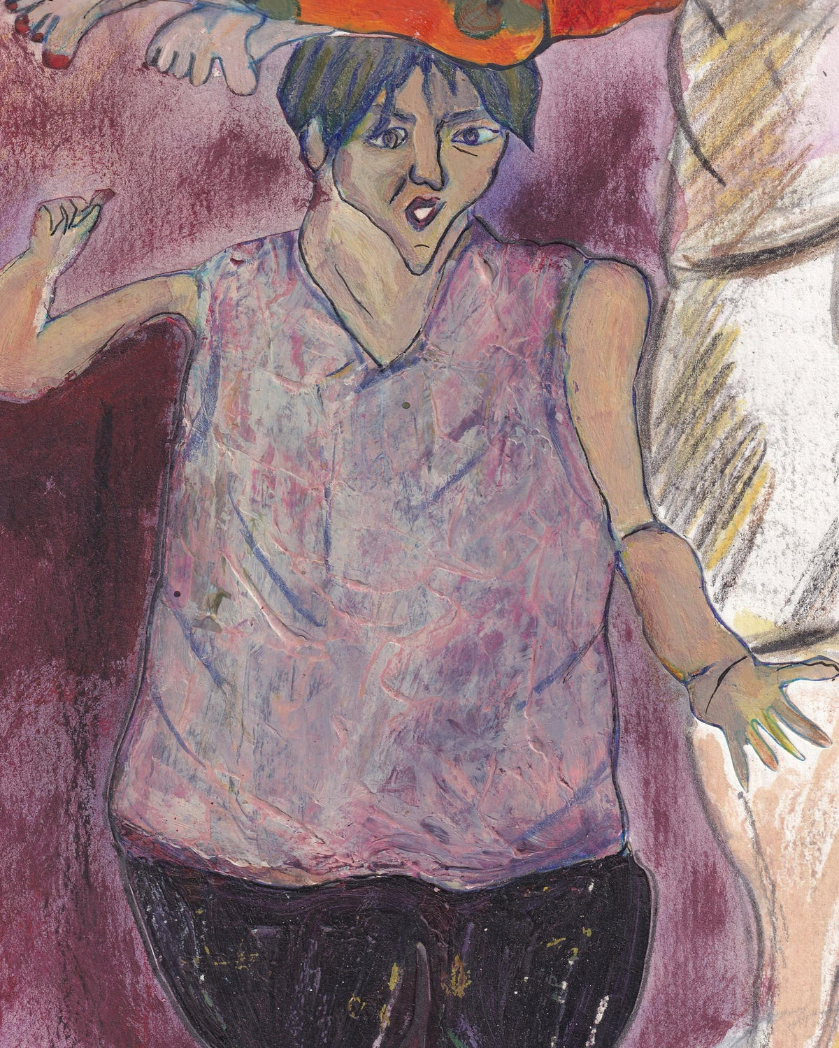 Artistic depiction of a person wearing a patterned shirt with a colorful hat.