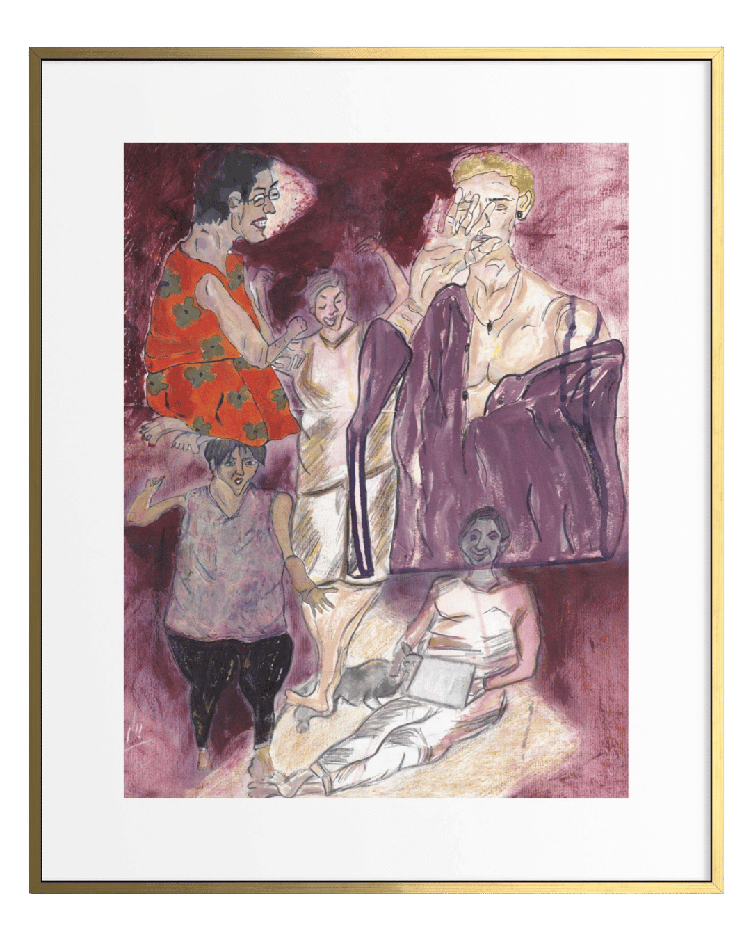 Framed artwork of a group of people in a stylized manner with a white border and gold frame.