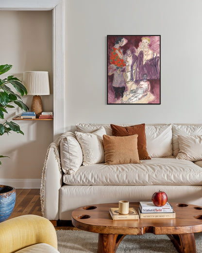 Living room with a beige sofa, wooden coffee table, and colorful painting on the wall.
