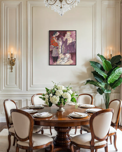Dining room with wooden table, chairs, and decorative elements.