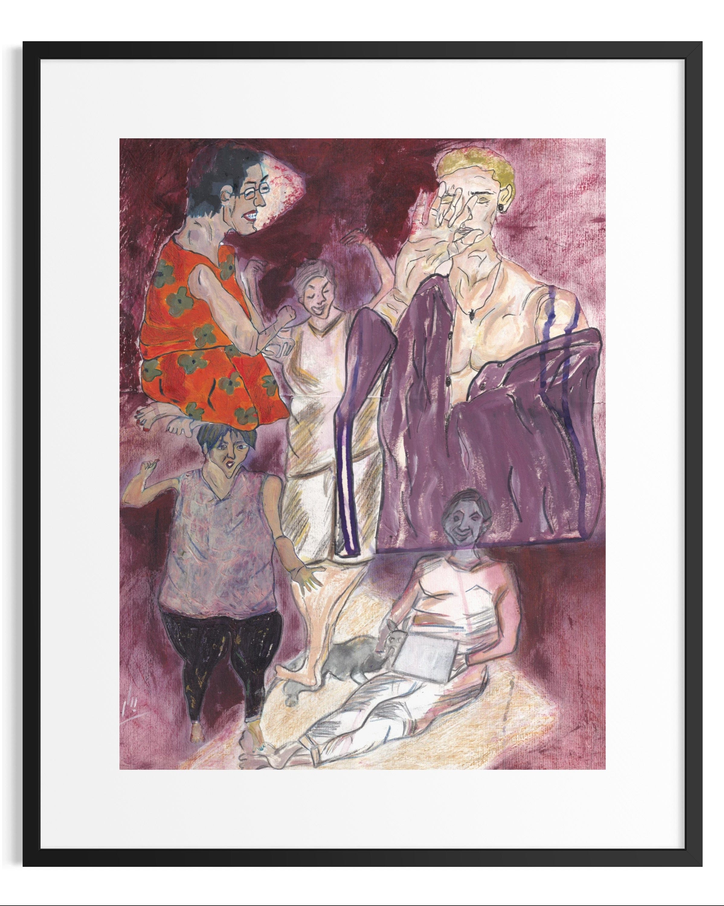 Framed artwork of a group of people in a stylized manner with a black frame.