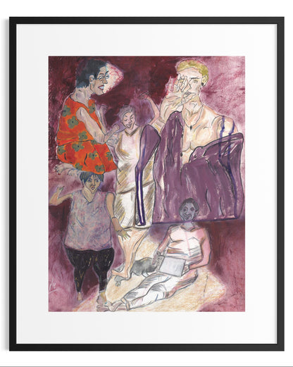 Framed artwork of a group of people in a stylized manner with a black frame.