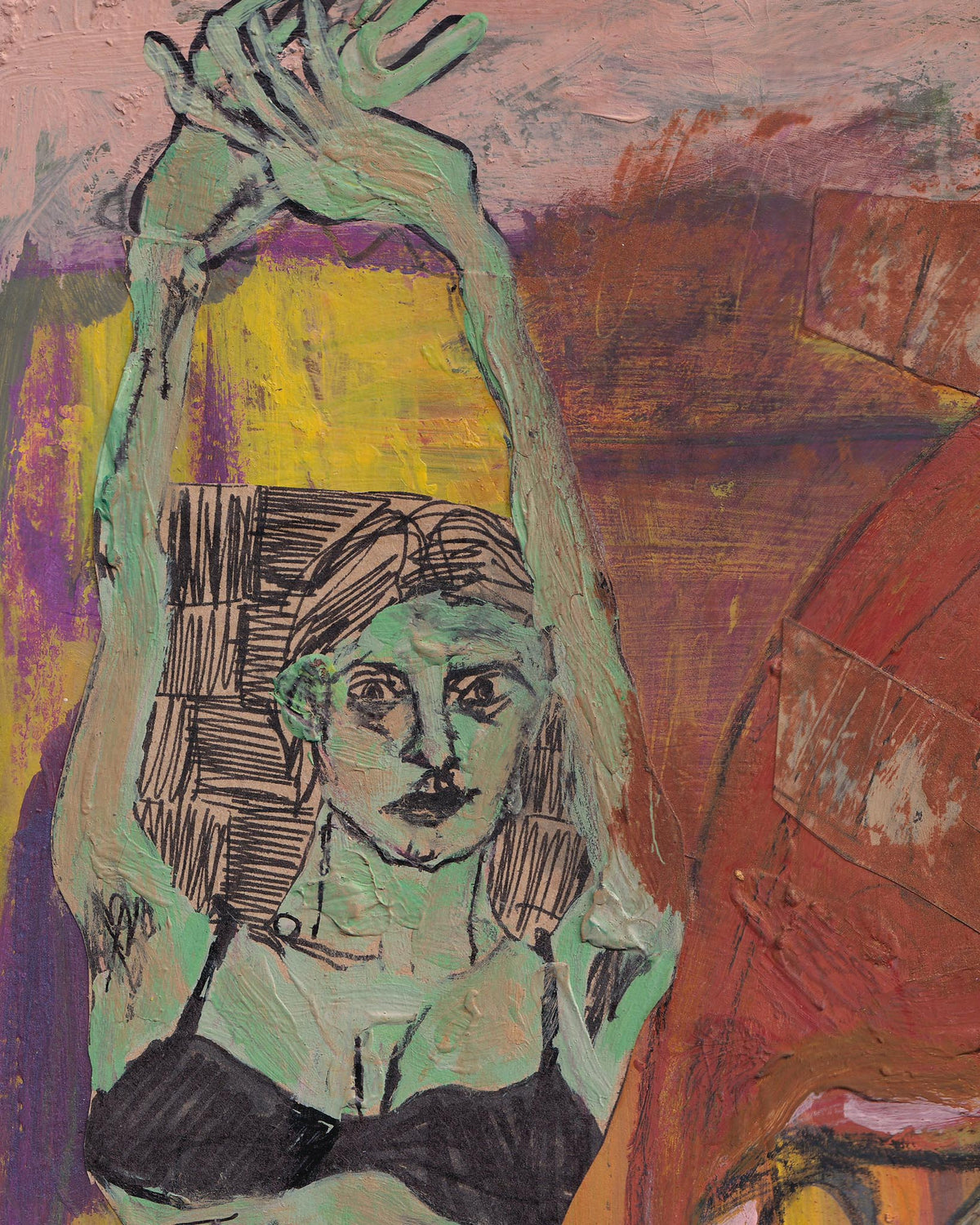 Abstract artwork with a figure and reaching hand on a colorful background