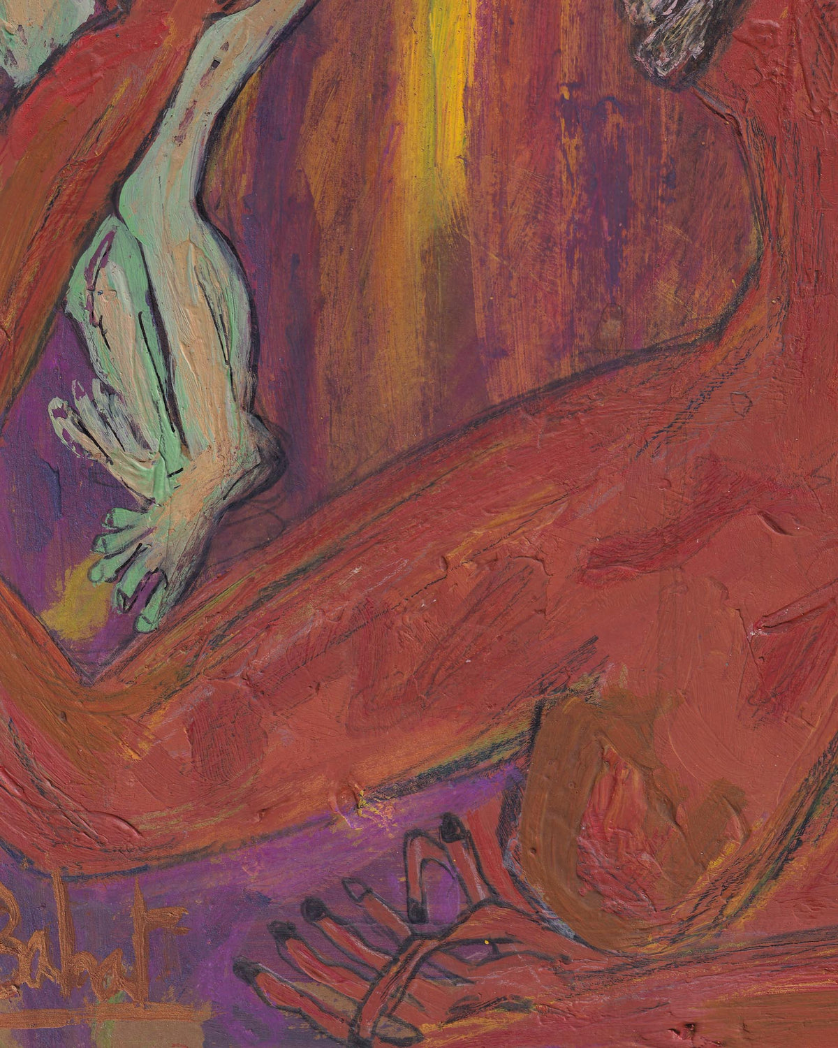 Abstract painting with vibrant colors and a frog-like figure.