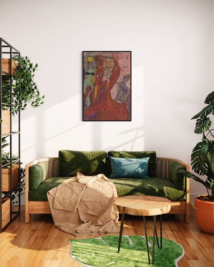 Modern living room with a green sofa, wooden coffee table, and decorative rug.
