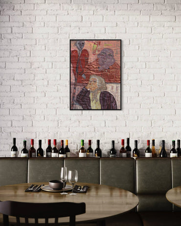Artistic depiction of a woman with a red coat on a white brick wall above a row of wine bottles.