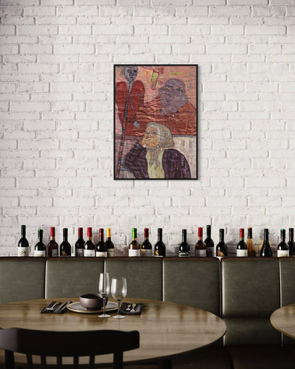 Artistic depiction of a woman with a red coat on a white brick wall above a row of wine bottles.