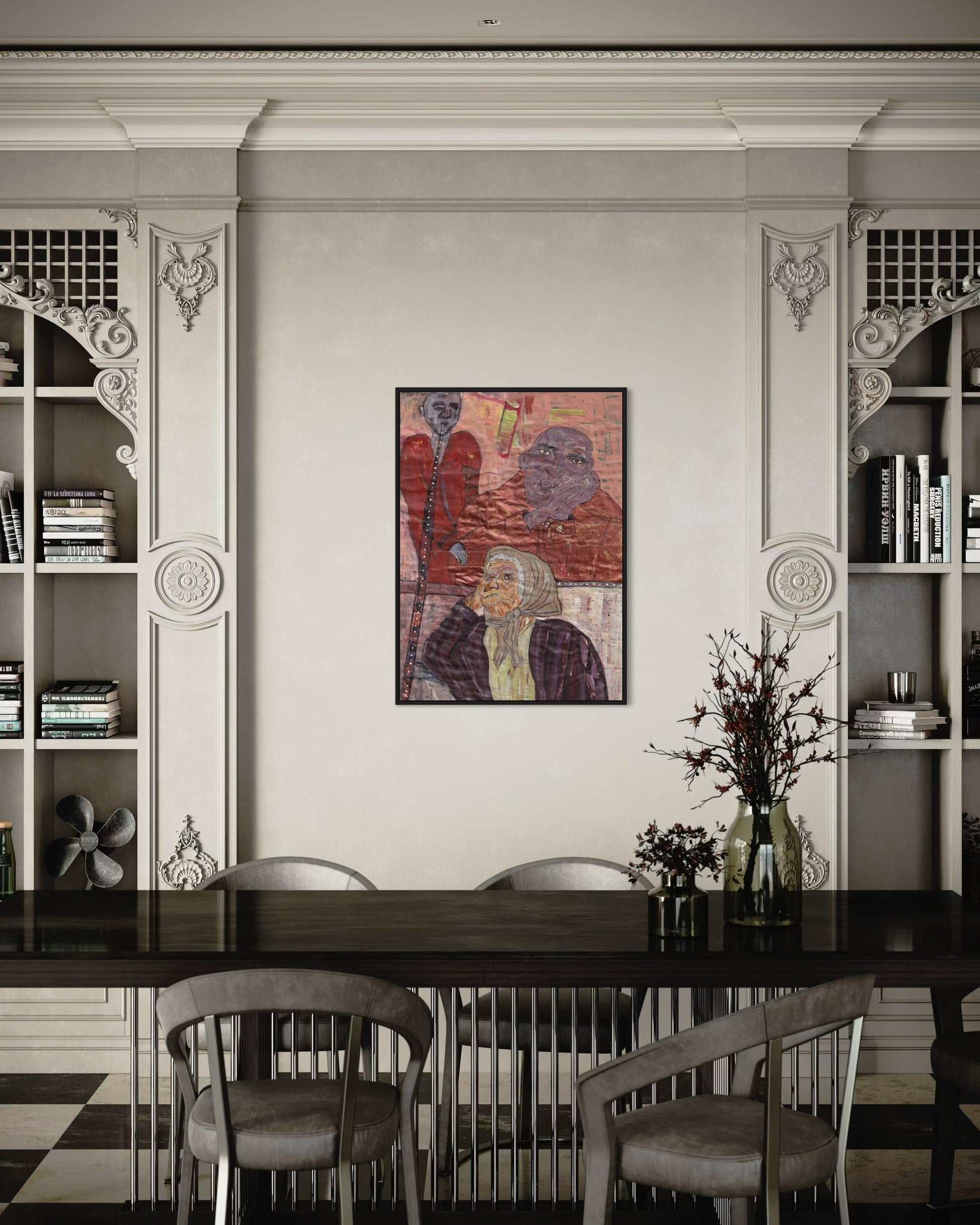 Dining room with a large abstract painting on the wall, wooden table, and chairs.