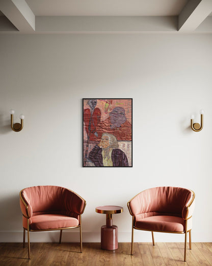 Two pink chairs with gold frames in a room with a colorful abstract painting on the wall.