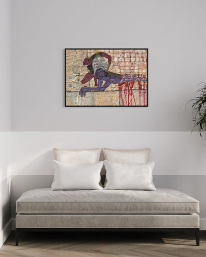 Abstract painting above a sofa in a living room setting