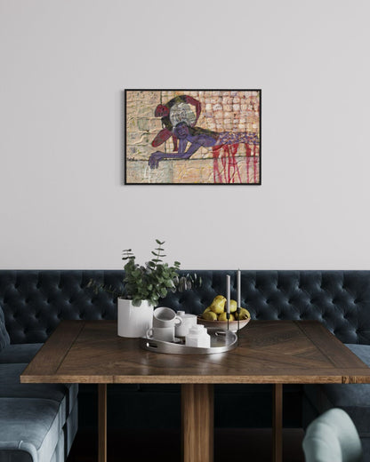 Modern interior with a wooden table, decorative items, and an abstract painting on the wall.