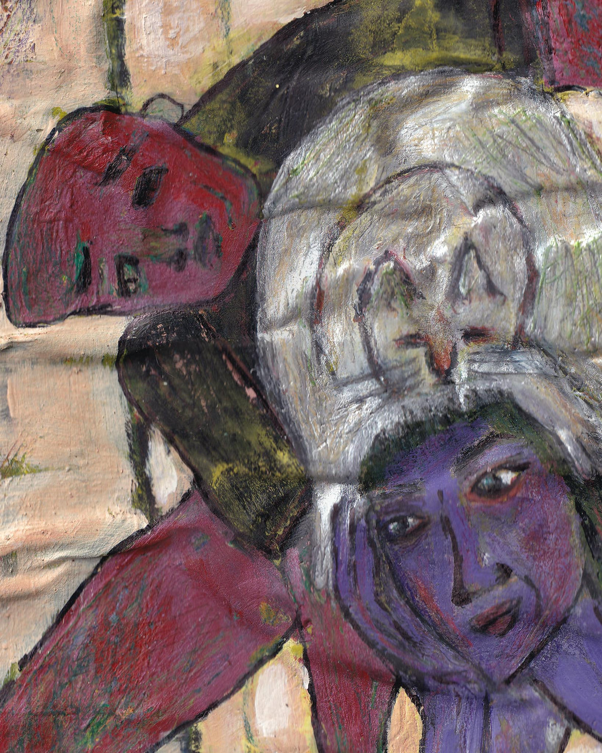 Abstract artwork with colorful faces and shapes on a textured background