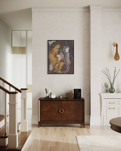 Staircase leading to an upper level with a wooden sideboard and decorative items in a room.