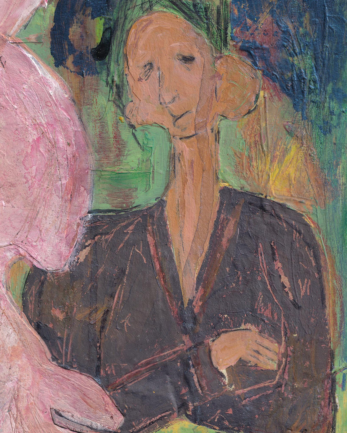 Abstract painting of a person with a green headscarf and dark clothing.